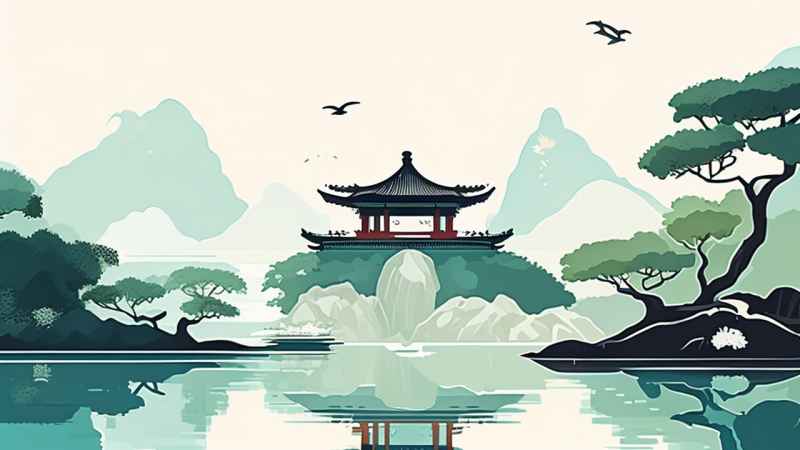 中国画园林植物水亭子插画 16