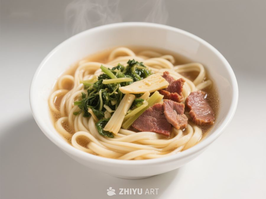 热腾腾的面条配蔬菜和肉片 984