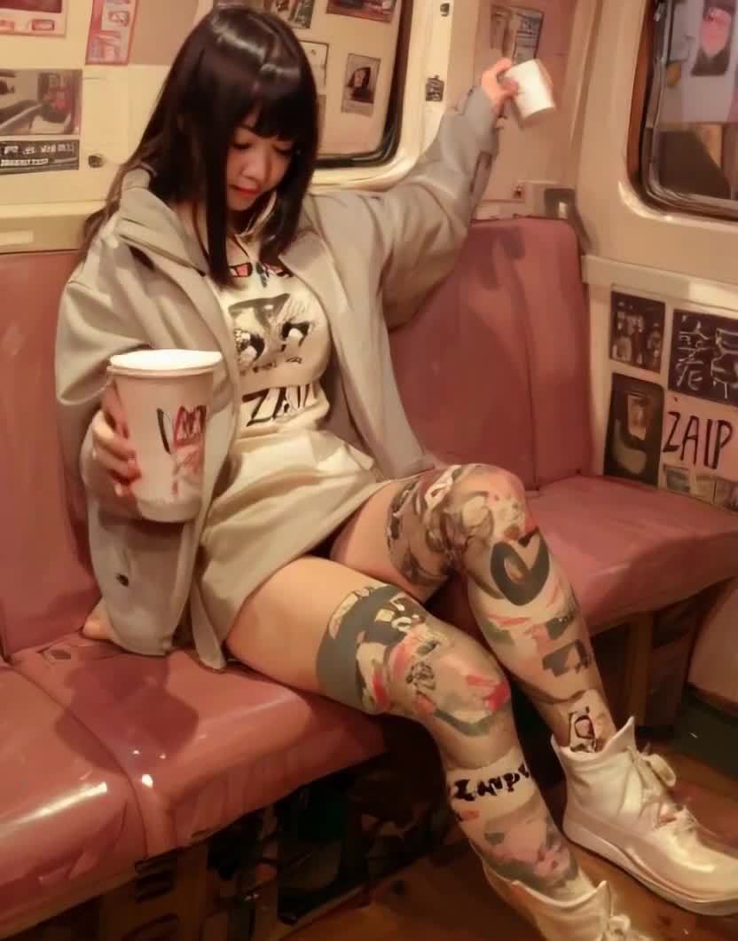 地铁上的时尚女孩，纹身，咖啡，惬意一刻。