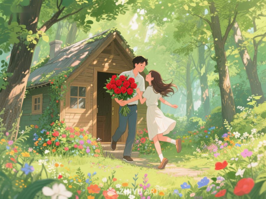 林间小屋前的浪漫花束 473