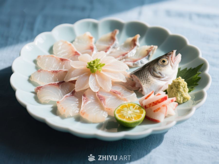 精致鱼片摆盘，配以柠檬和芥末 105