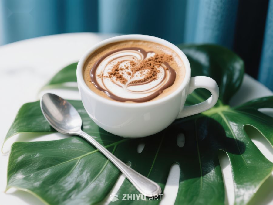 心形拉花咖啡与绿叶装饰 1278