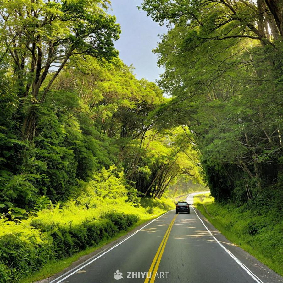 一条道路穿过茂密的绿色森林，道路两侧树木林立，营造