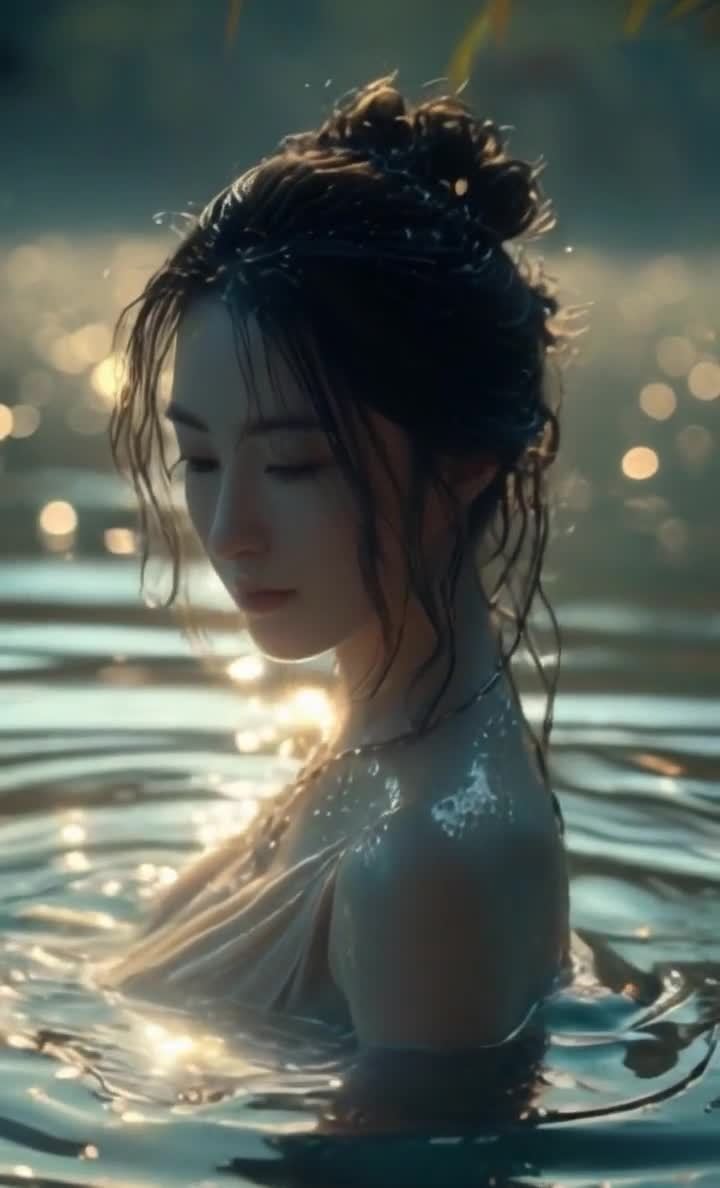 水中丽人：发髻链条，波光粼粼的宁静之美