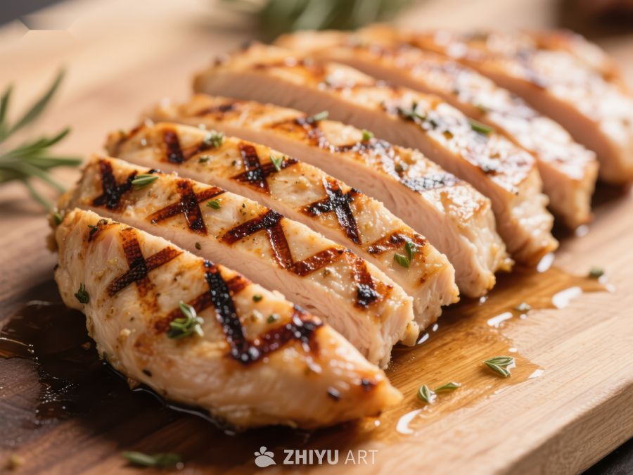 烤鸡胸肉切片，木板上摆放