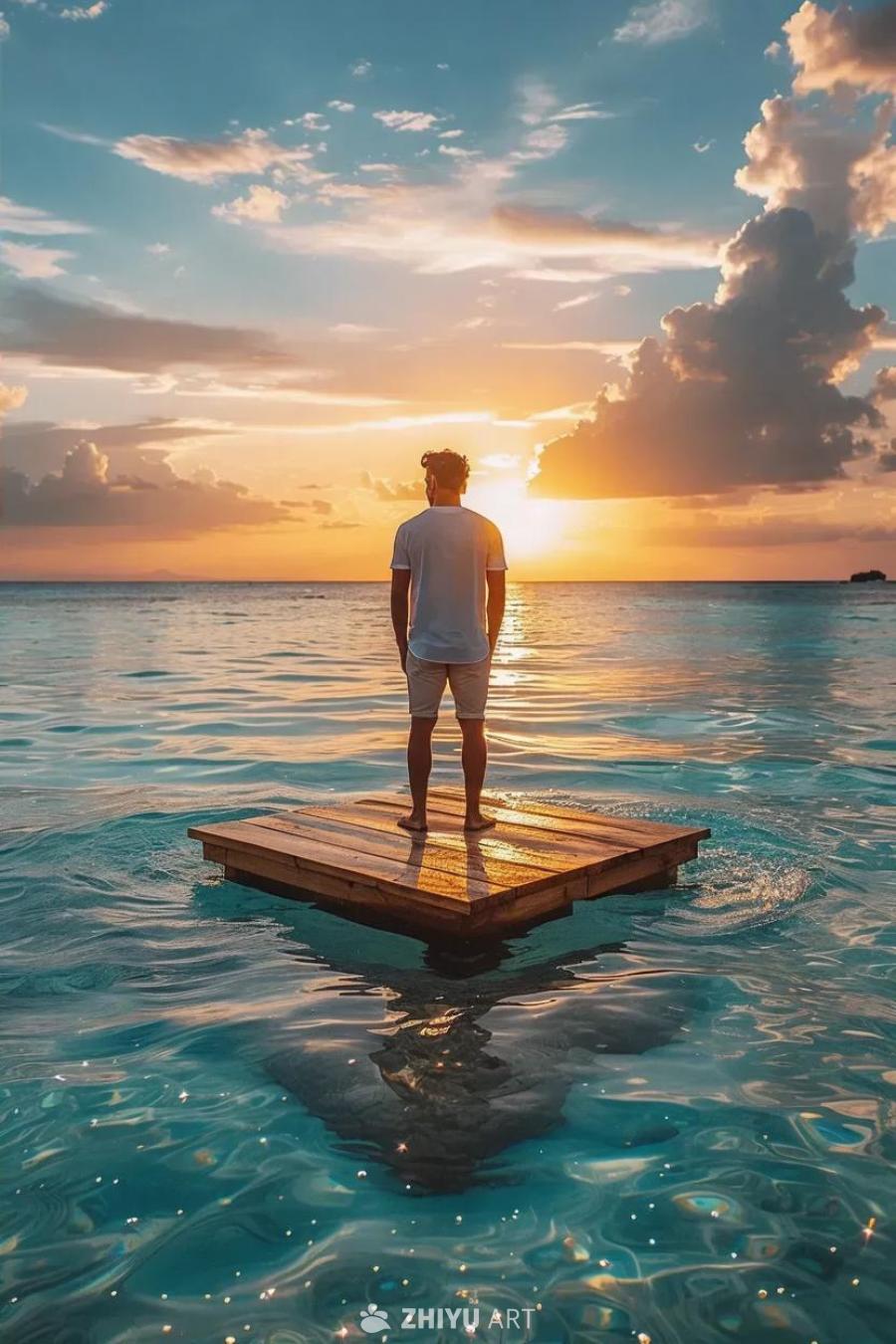 一个男人站在海中央的木制平台上，太阳正在落下，天空