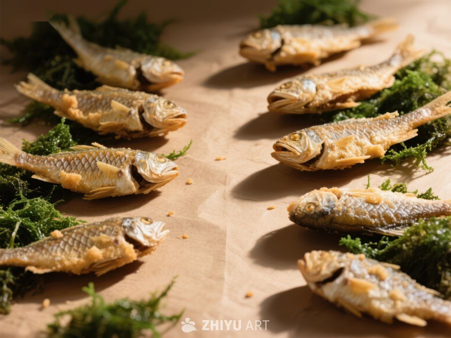 干鱼摆盘，配以绿色苔藓装饰 130