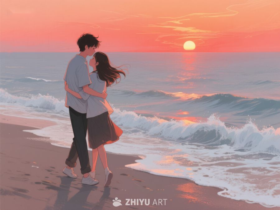 海边日落下的情侣拥抱 217