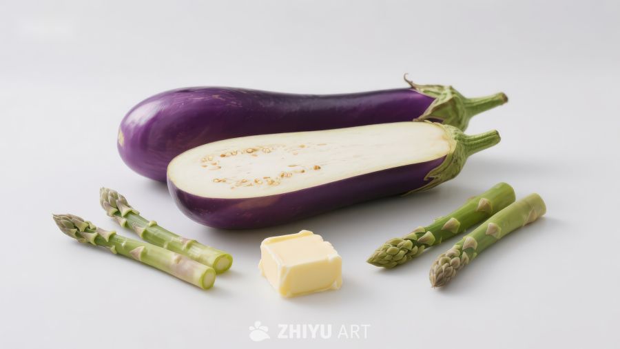 茄子芦笋与黄油静物