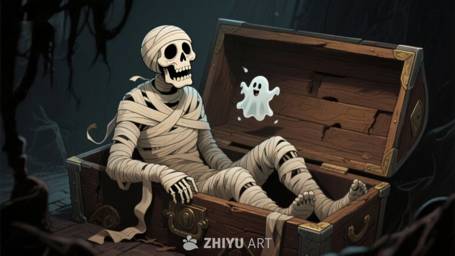 木乃伊坐在打开的棺材中，旁边有小幽灵