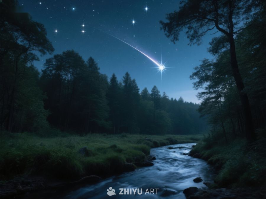 夜空流星划过森林溪流 274