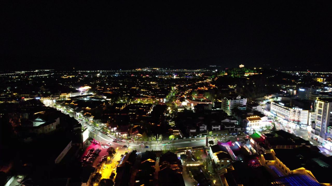 丽江古城夜景灯光航拍 