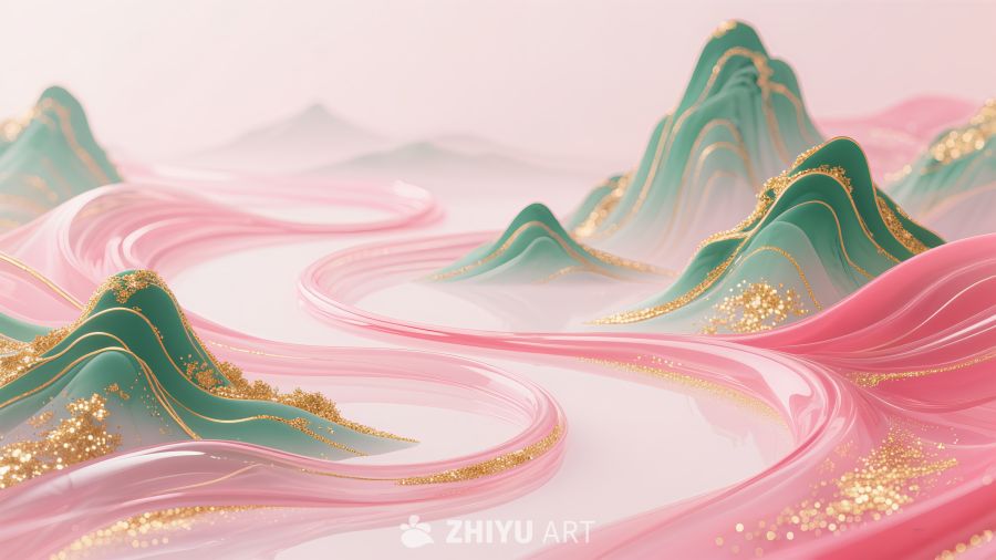 金箔中国风山水河流插画背景素材 2