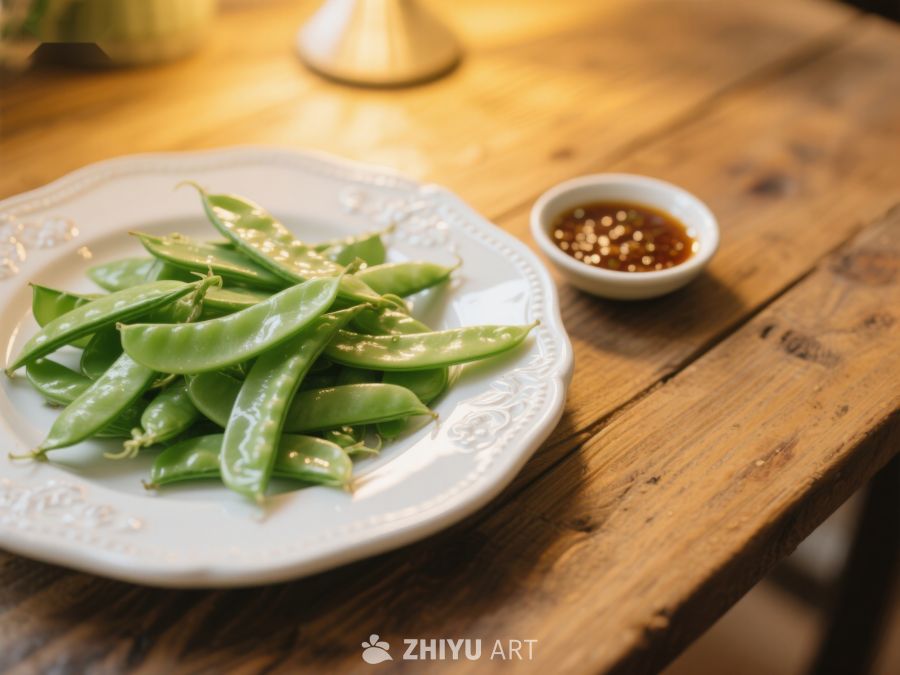 清炒豆荚配蘸料，木桌上的美食 343