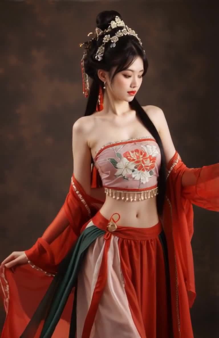 一位身着古装的年轻女子站在深色背景前。她头戴银色头