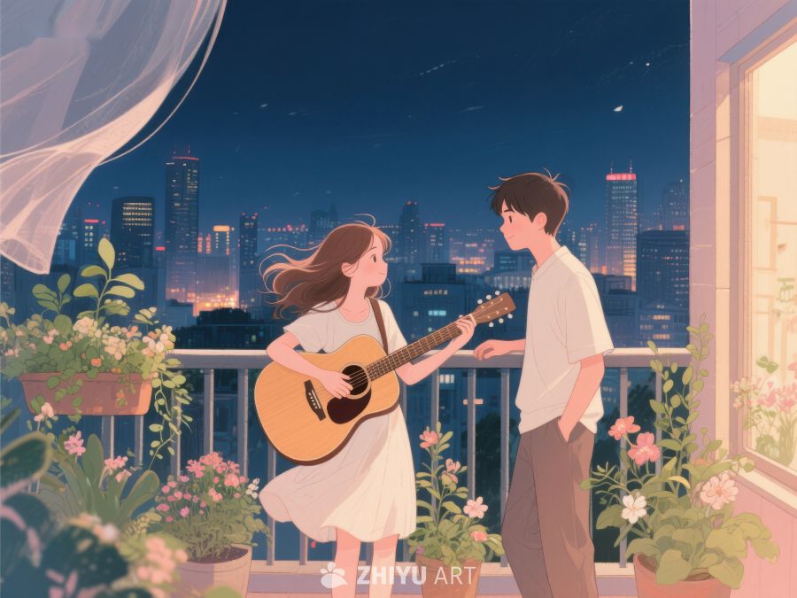 夜景阳台上的吉他演奏 935