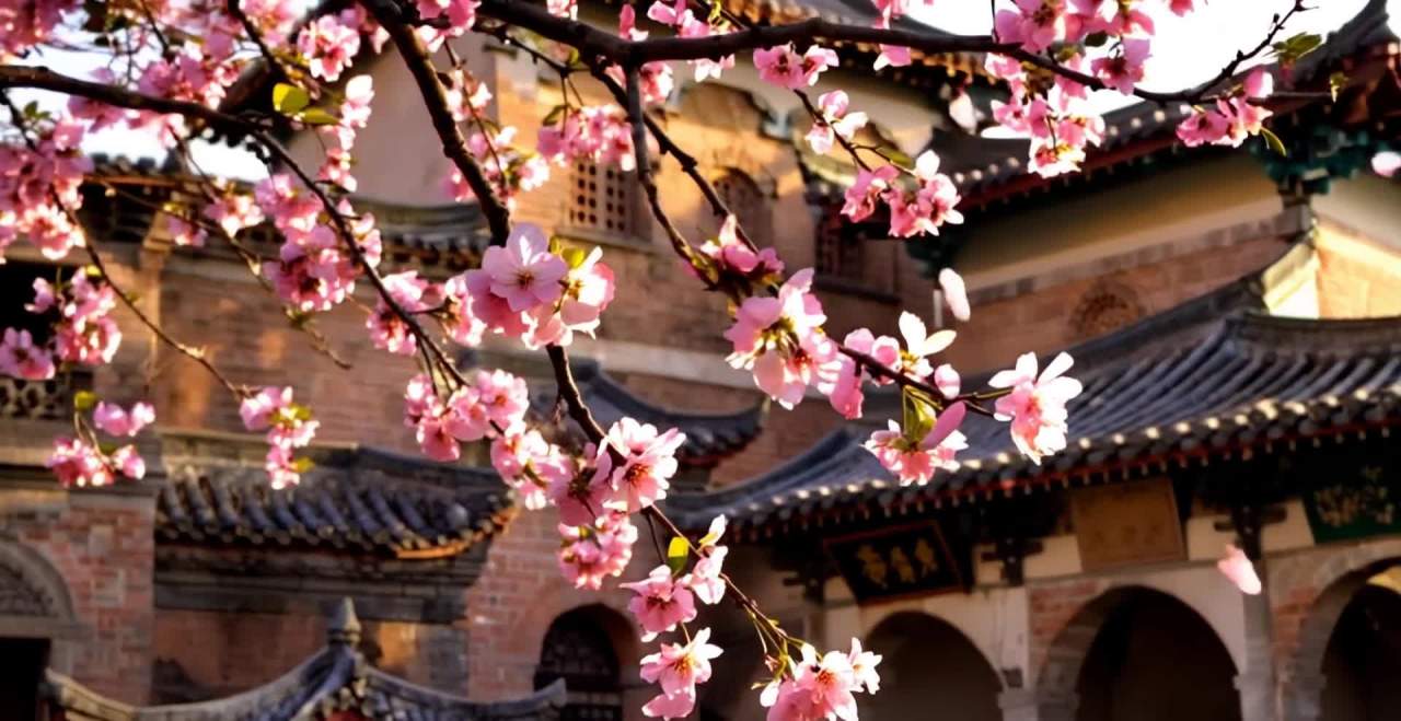 粉色梨花与古建筑，特写视角下的唯美画面。