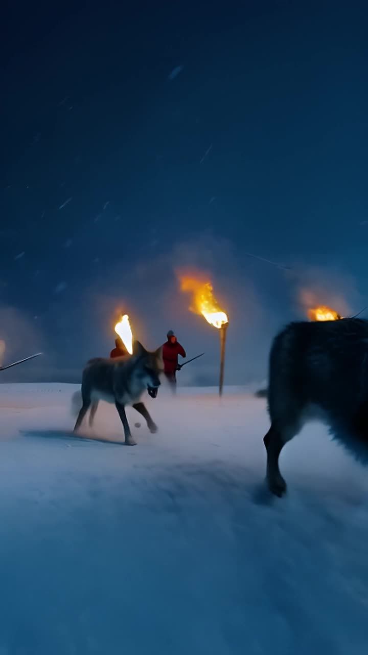 雪地里的狼群正在追赶几个手持火把和剑的战士。