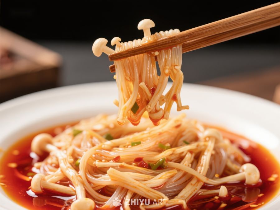 筷子夹起金针菇，红油汤底诱人 678