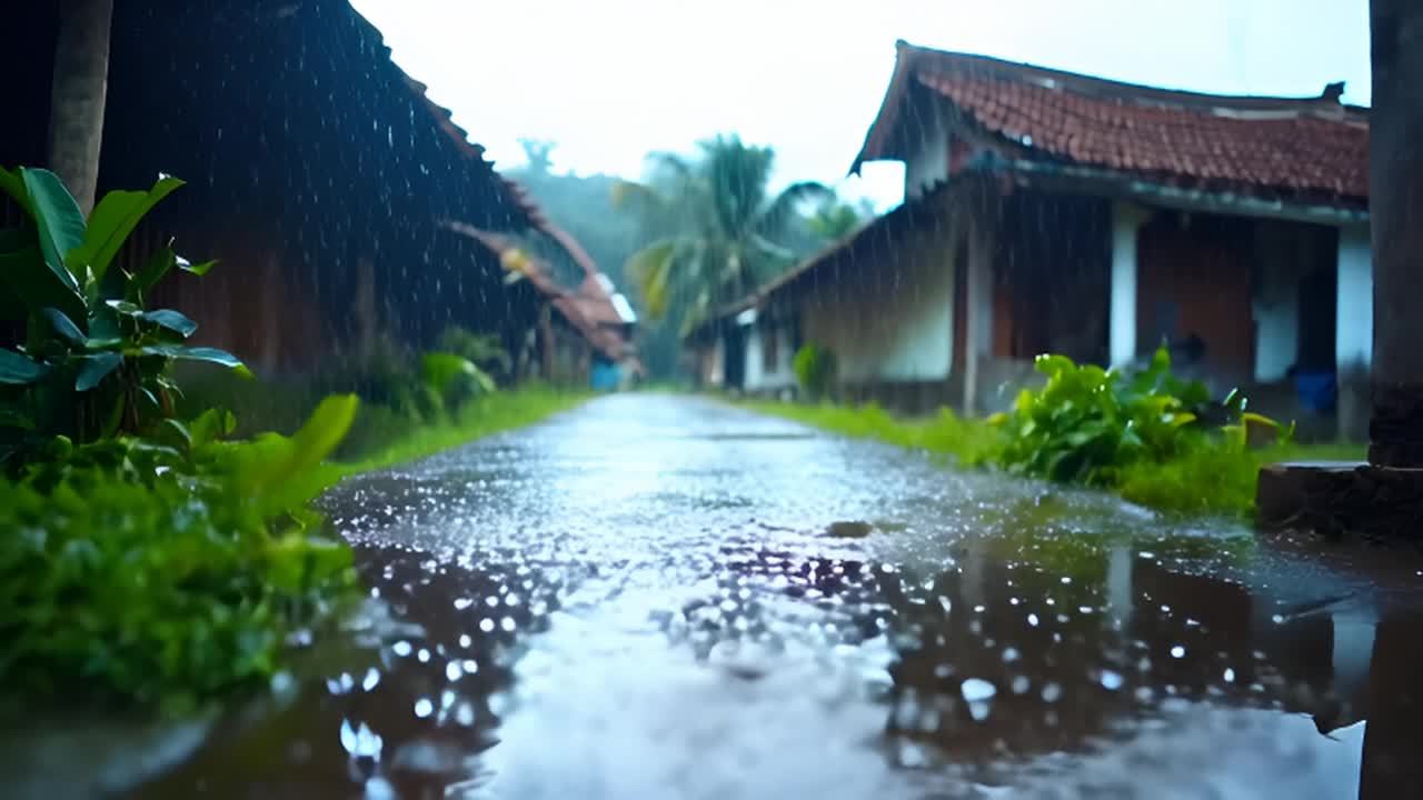 这张图片展示了一个宁静的斯里兰卡乡村雨景。雨水从天