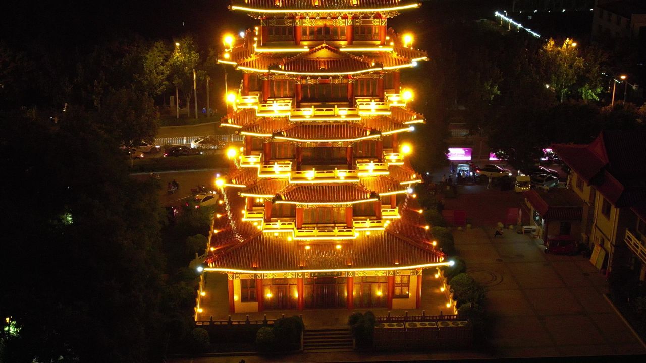 河北沧州清风楼夜景灯光航拍
