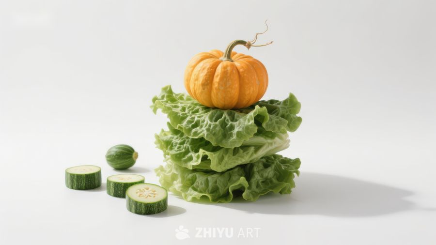 南瓜与生菜堆叠的静物