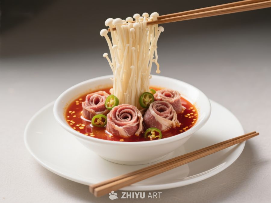 金针菇牛肉卷汤，配以辣椒点缀 270