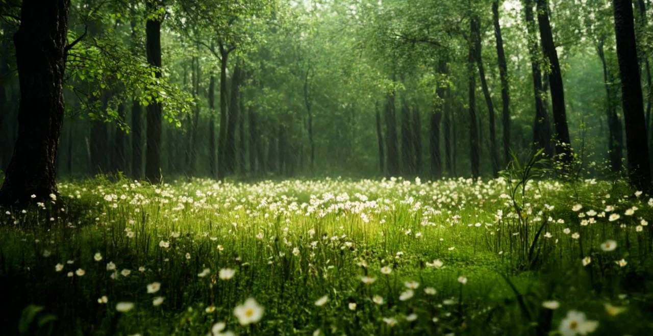 细雨中的白色花田森林美景