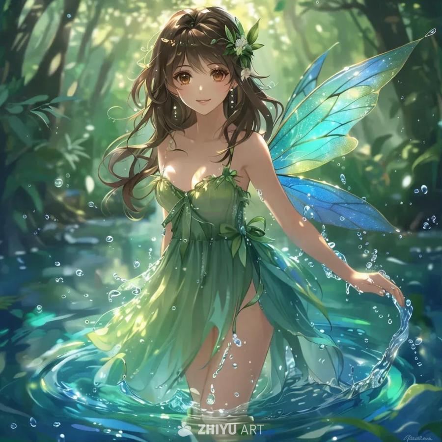 一个穿着连衣裙的仙女站在水中，棕色的头发湿漉漉的，