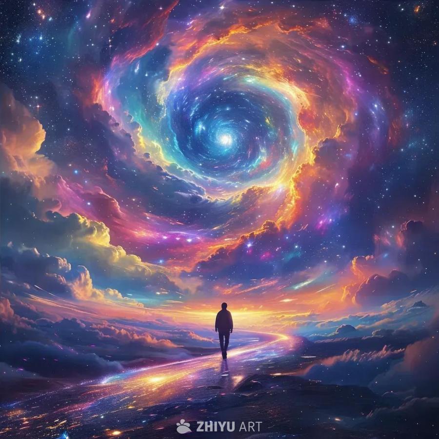 宇宙景象中，色彩鲜艳的云彩横跨星夜天空。一个轮廓分