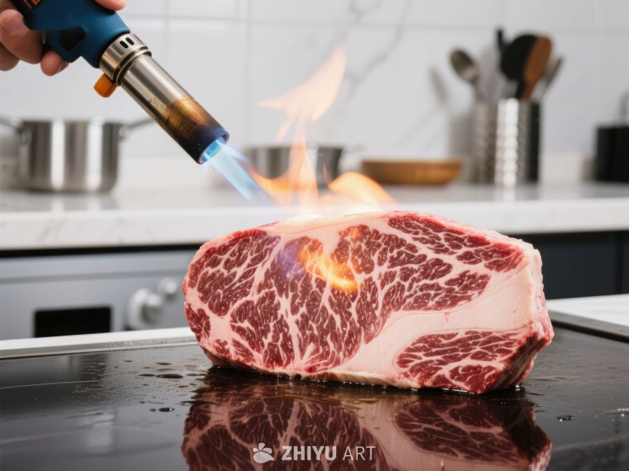 火焰炙烤牛肉，厨房烹饪场景