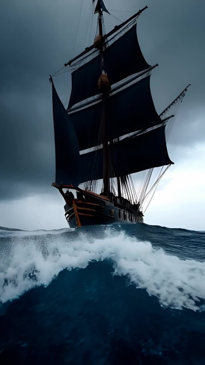 一艘黑色帆的帆船在海面上，海浪拍打着船体。天空阴沉