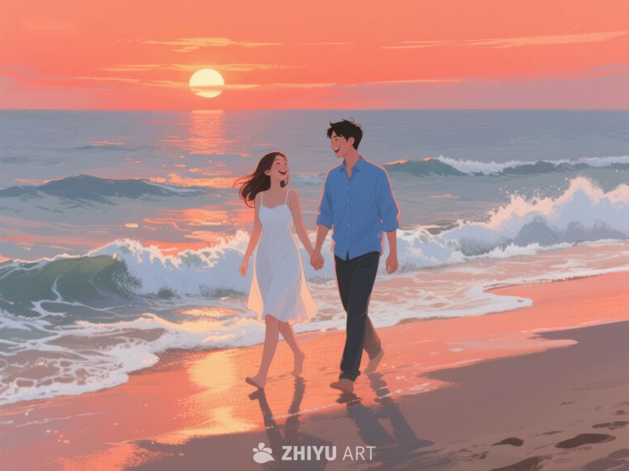 海滩日落下的浪漫漫步 292