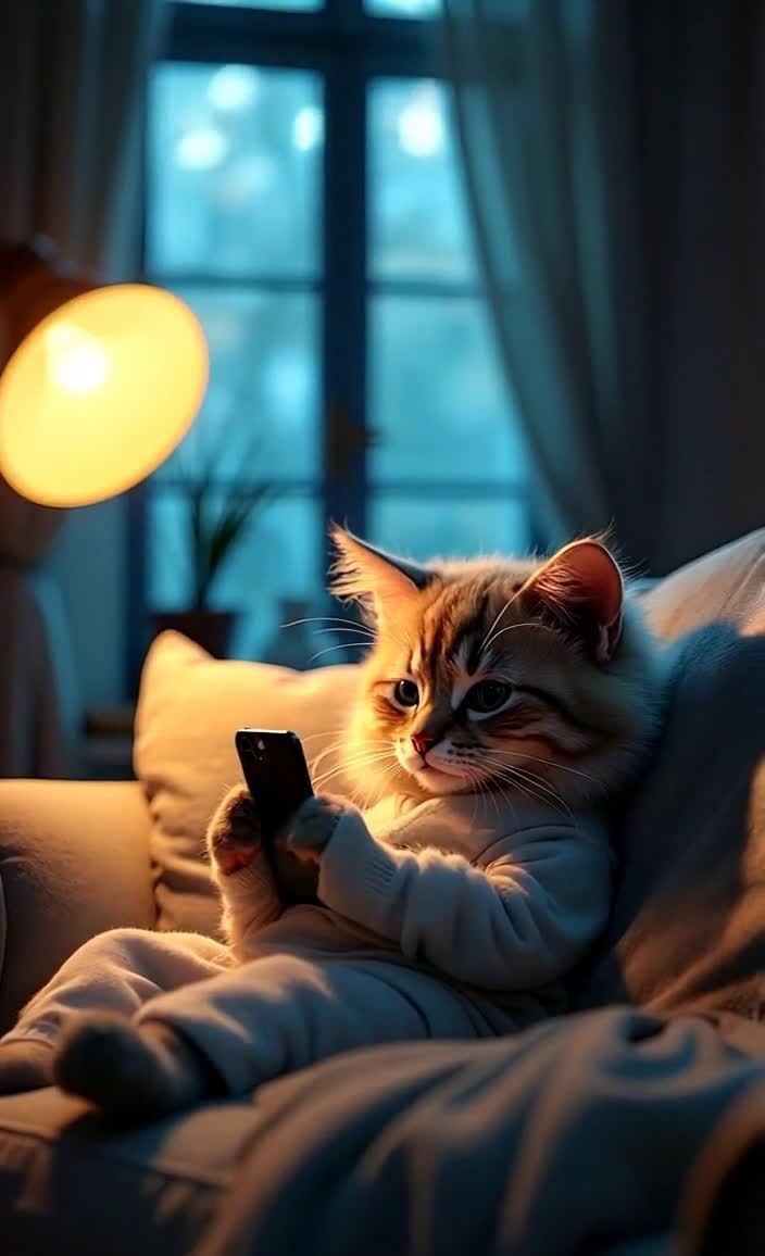 一只猫咪坐在沙发上，身穿白色服装，怀里抱着一部手机