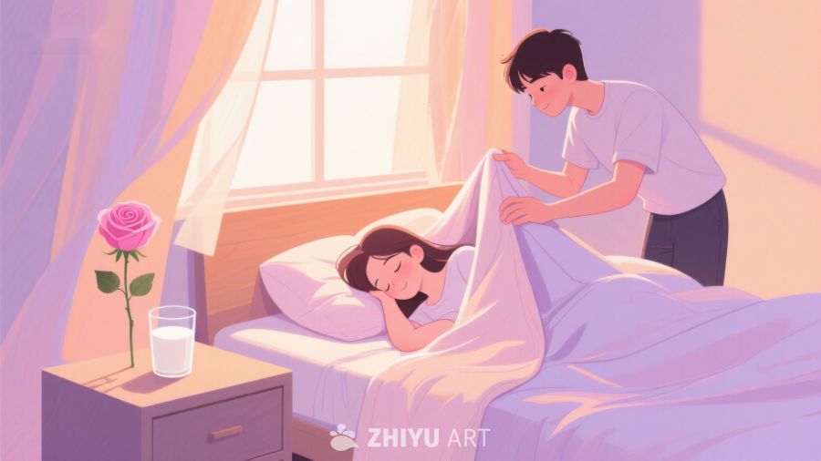 温馨晨曦：男子轻柔为女子盖被 342