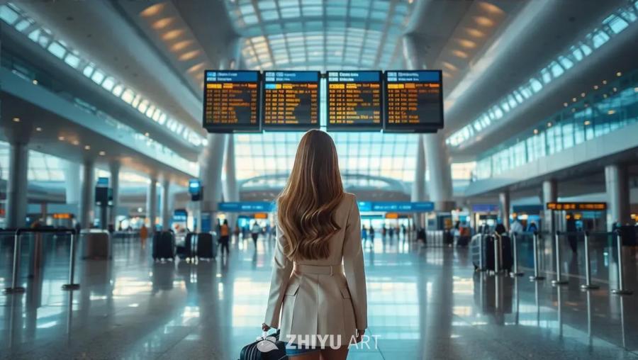 一位女士站在机场内，背对着镜头，她穿着一件米色外套