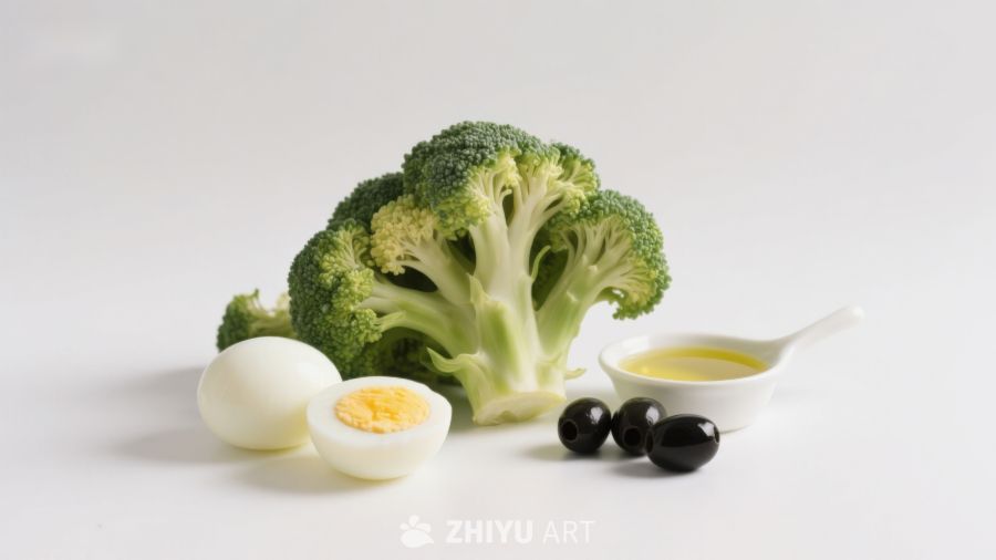 西兰花鸡蛋橄榄油摆拍