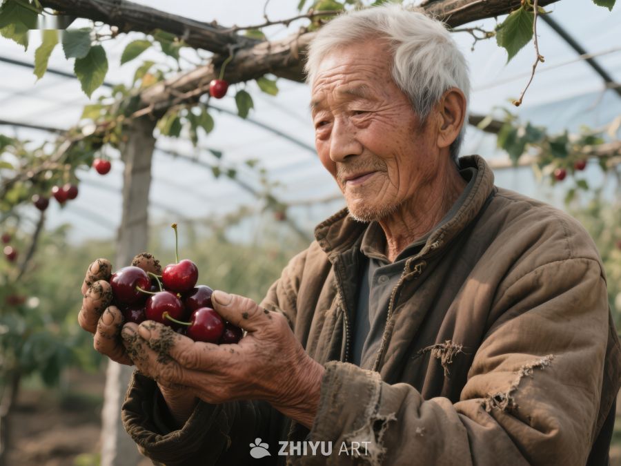 老人手捧樱桃，果园丰收景象 309