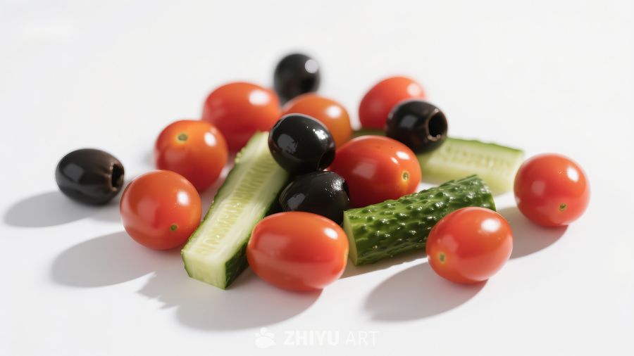 新鲜蔬菜组合：樱桃番茄、黄瓜和橄榄