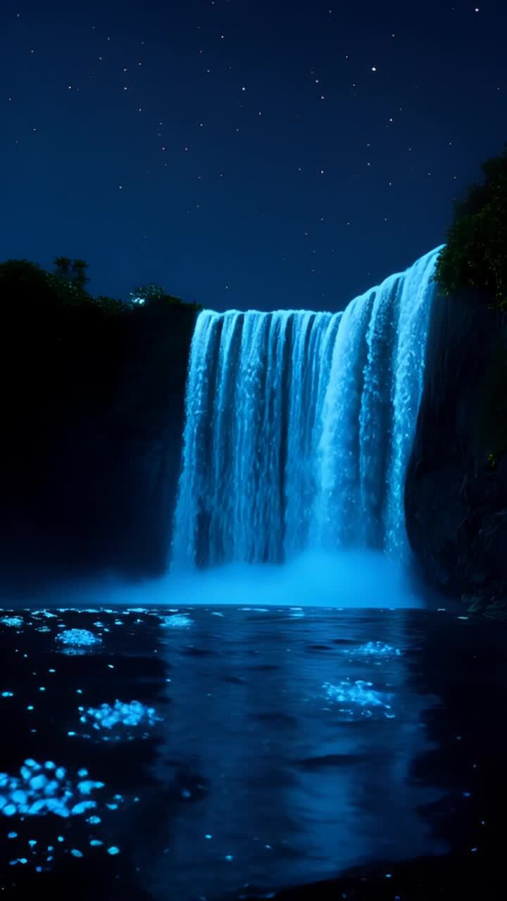 一个瀑布在夜间流淌，瀑布呈现出蓝色光芒，水流下方有