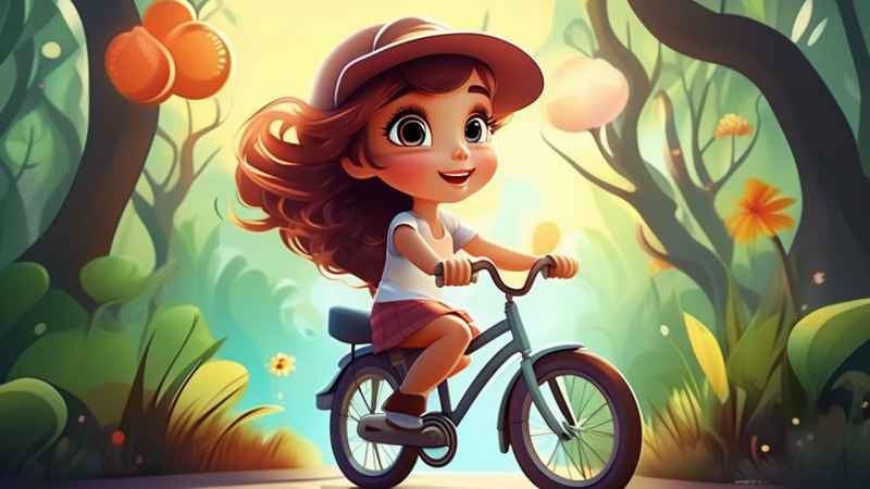 卡通可爱的女孩骑自行车梦幻般的意象 34