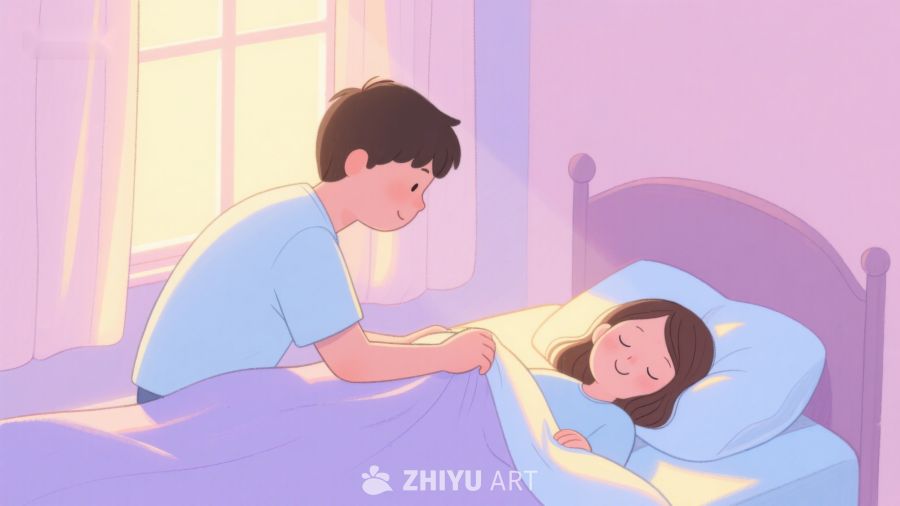 男孩轻抚女孩，温馨床边场景 233
