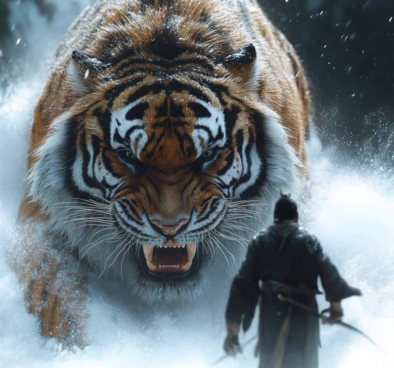雪地人虎对峙：持刀武士战猛虎