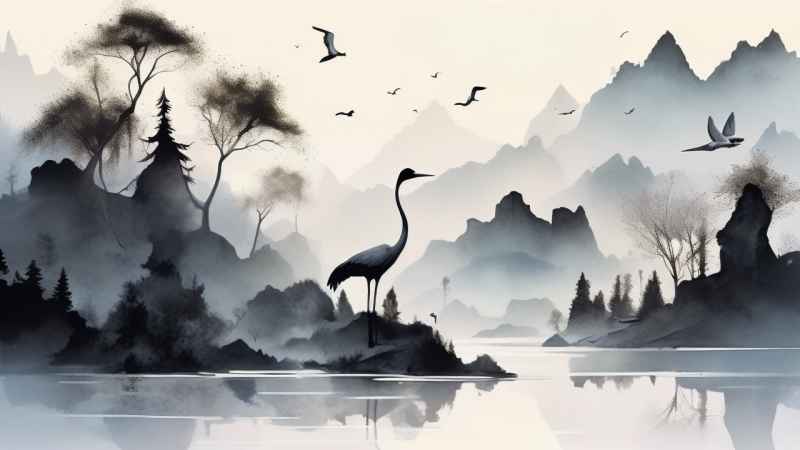 国风山水鹤插画背景 40