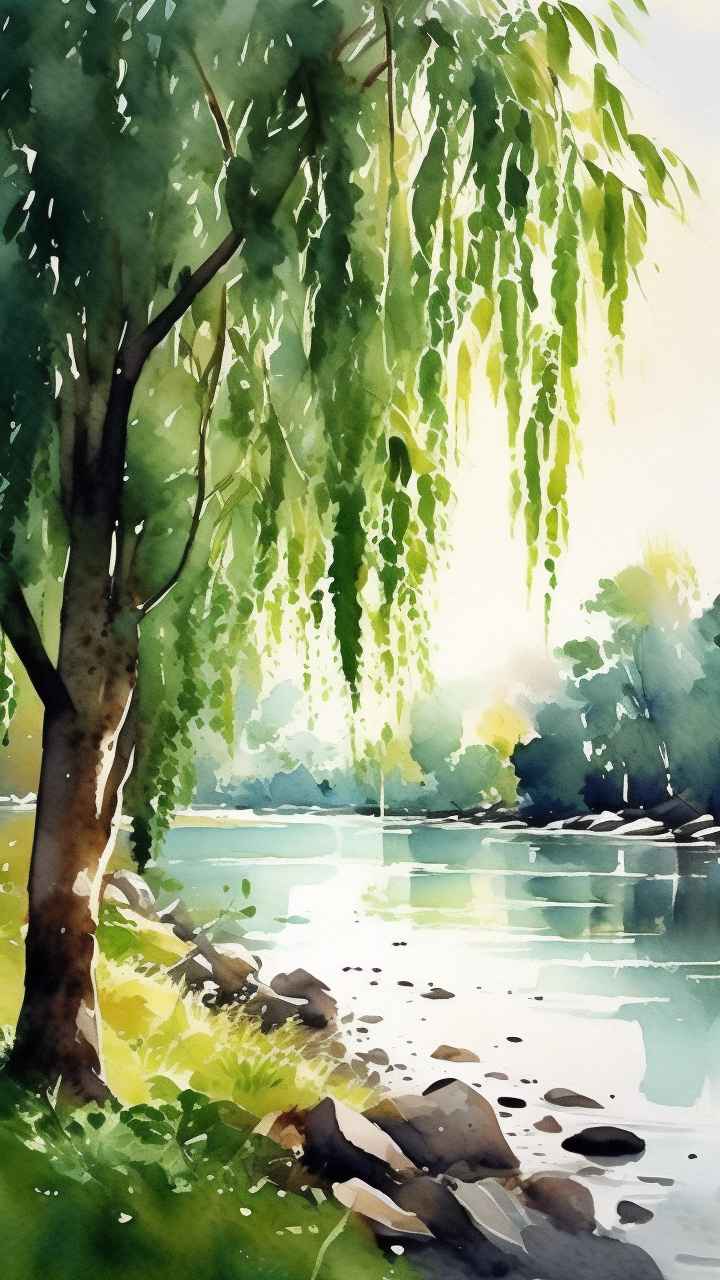 河边柳树插画风景图 5