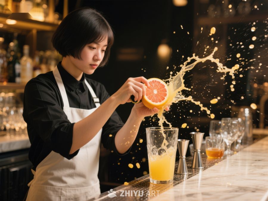 调酒师挤橙汁，果汁四溅 160