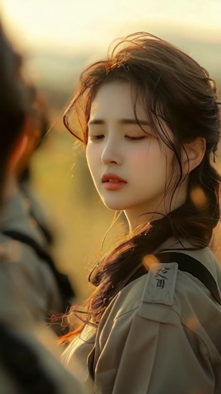 一个年轻女子站在户外，她穿着米色制服，头发略微凌乱