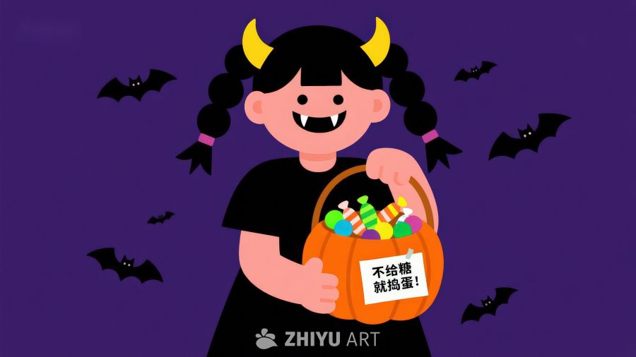 小女孩手持糖果篮庆祝万圣节