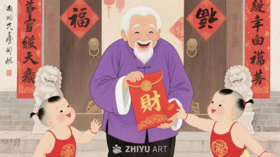 老人与孩童分享红包，喜庆春节 632