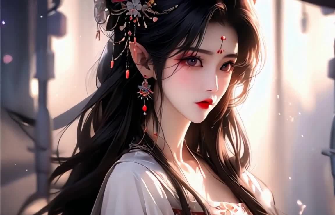 古典汉服美女，黑发红唇，花瓣纷飞，唯美意境。